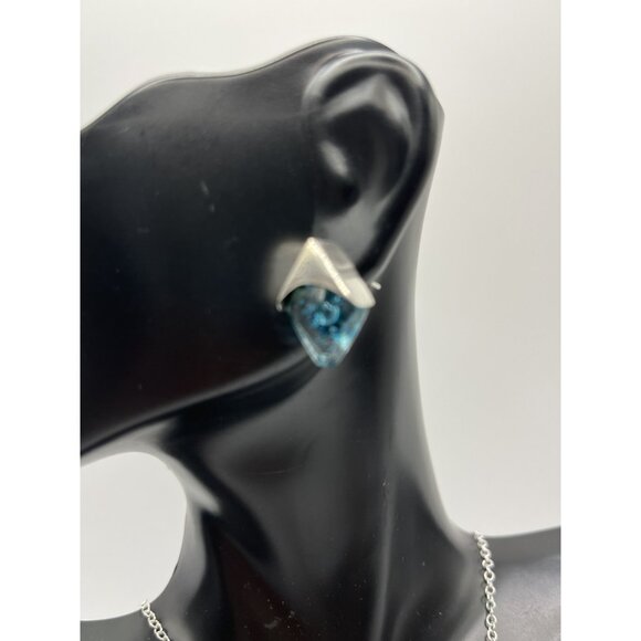 Dichroic Glass Necklace & Earrings Set 925 Sterling Silver Hand Blown Blue Stone - Picture 5 of 10